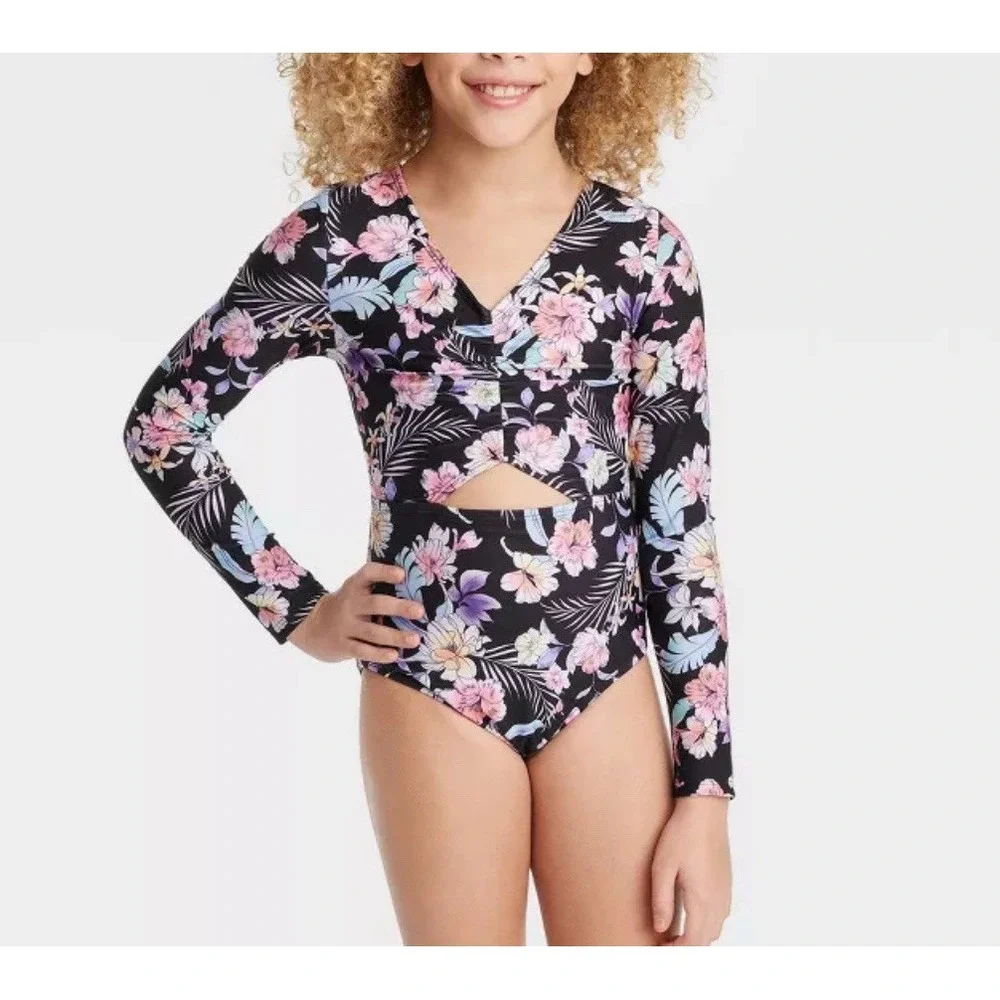 Art Class Girls Tropical Long Sleeve Swimsuit Hawaiian Floral Surf Swim
